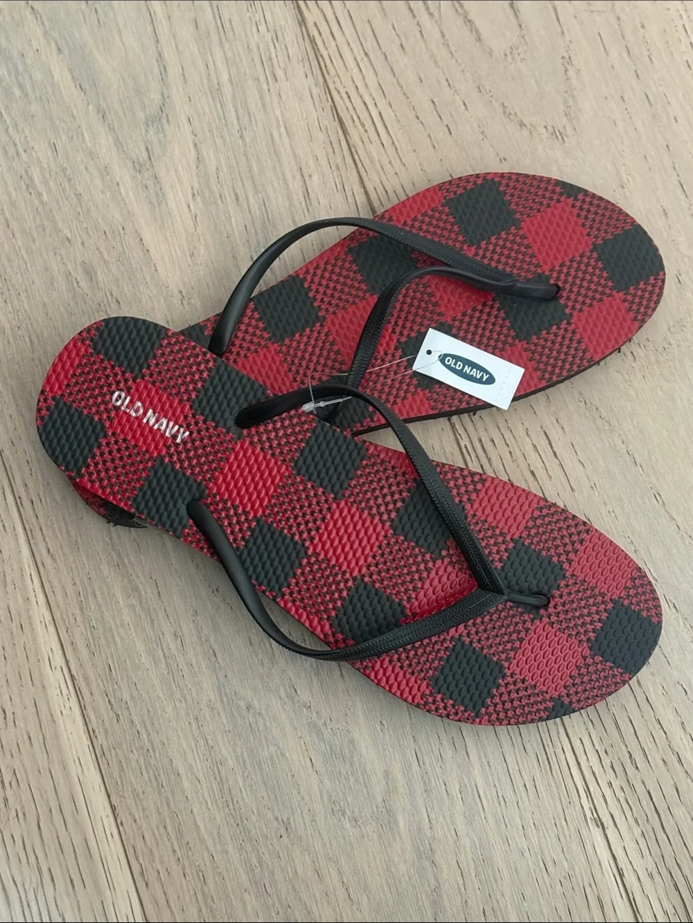 Old Navy Red and Black Plaid Flip Flops - women’s size 10